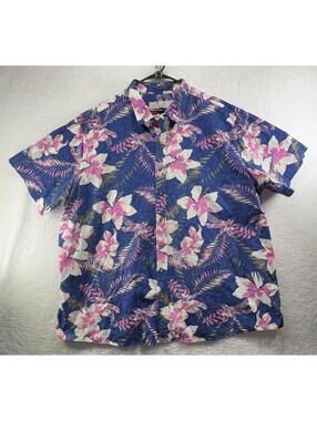 Oak Hill Hawaiian Floral Button Up Short Sleeve Shirt Mens 2XL Blue Pink